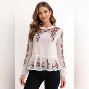 BBWM WOMAN || Embroidered Floral Sheer Peplum Top. Sz. S